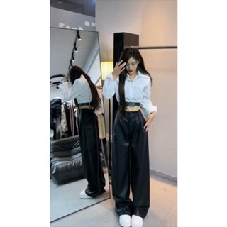 ชุดเสื้อเชิ้ต กางเกงขายาว หนัง เอวสูง สองชิ้น 5327 #