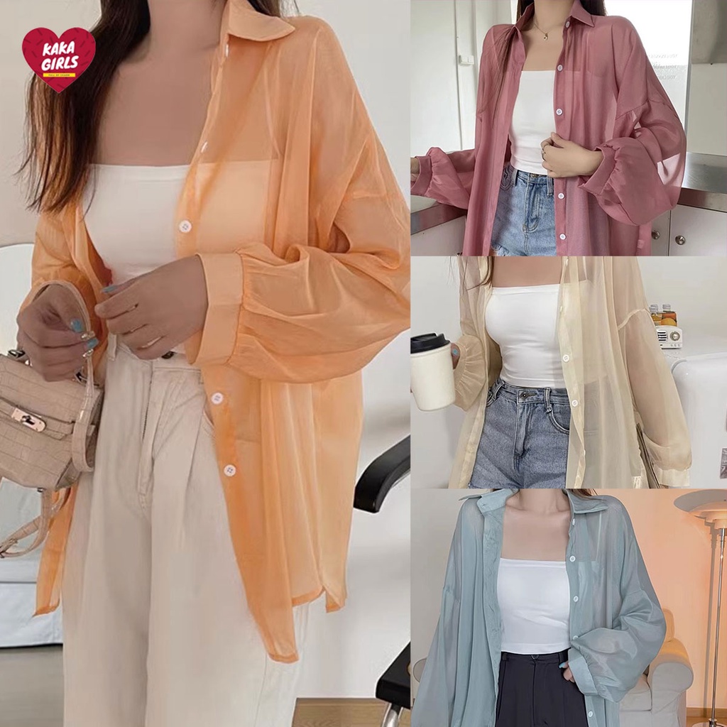 เสื้อชีฟองเเขนยาว สไตล์เรียบง่าย ใส่คลุมกับเสื้อเกาะอก