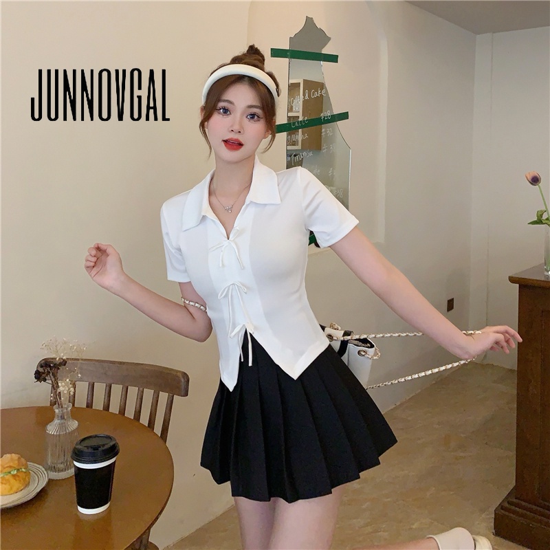JUNNOVGAL ผู้หญิงแฟชั่นใหม่ไหล่ตรง Slim Skinny หลวมโบว์แฟชั่นเสื้อ