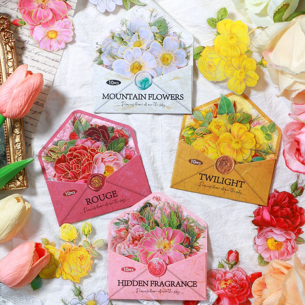 Journamm สติกเกอร์ฟอยล์ PET ลายดอกไม้ สีทอง สําหรับตกแต่งสมุดภาพ เครื่องเขียน 10 ชิ้น ต่อแพ็ค