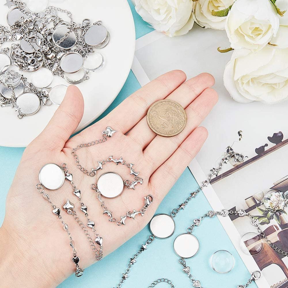 กรอบสร้อยข้อมือ สเตนเลส 304 ทรงกลม แบน 16 มม. 14 ชิ้น และถาดเปล่า 14 ชิ้น สําหรับทําเครื่องประดับ DIY 28 ชิ้น 1 กล่อง