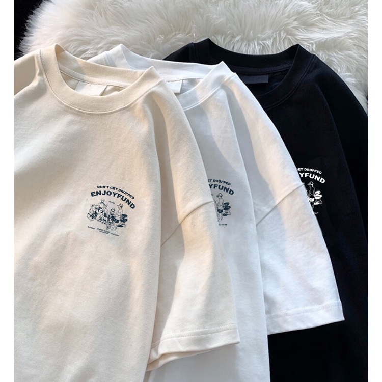 สไตล์ฮ่องกงขนาดใหญ่ย้อนยุคการ์ตูนที่เรียบง่ายจอยแขนสั้นเสื้อยืดนักเรียนชายคู่ครึ่งแขนรอบคอหลวมด้านบน