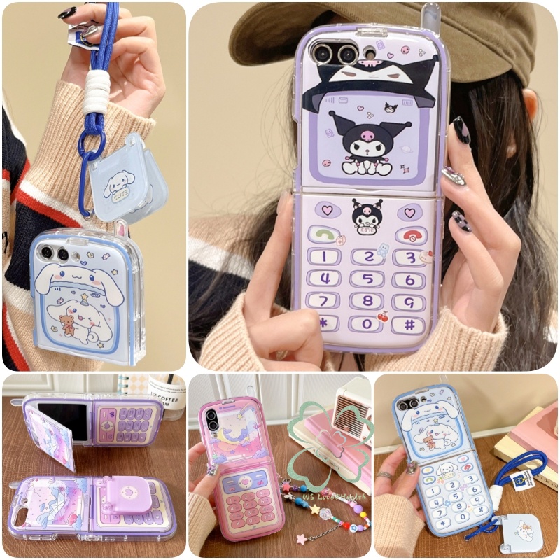 Retro Antenna Stand Soft Classics Flip Case Samsung Galaxy Z Flip 6 Z Flip 5 Flip 4 Flip 3 Casing with Strap Cartoon Painted Pendant Lanyard Z Flip5 Flip4 Flip3 Cover Shell
