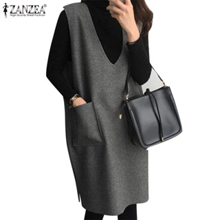 Zanzea ชุดเดรส คอวี แขนกุด ลําลอง สีพื้น ทรงหลวม สไตล์เกาหลี…