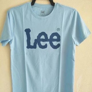 S-5XL เสื้อยืดผ้าฝ้ายพิมพ์ลายคลาสสิกLEE แท้ 100% เสื้อยืดสีฟ้า ทรงตรง