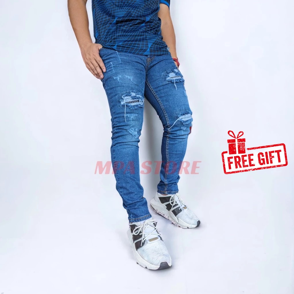 CHP Dark Blue / Seluar Koyak Kain Getah Memeri / Ripped Jeans Stylo / กางเกงยีนส์ลําลอง / กางเกงยีนส