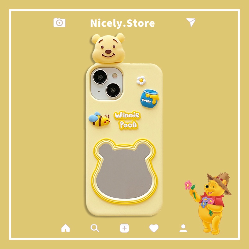 เคสโทรศัพท์มือถือ ซิลิโคน กันกระแทก ลายการ์ตูนหมีผึ้ง 3D สีเหลือง พร้อมกระจกแต่งหน้า สําหรับ iPhone 15 14 13 12 Pro Max 11