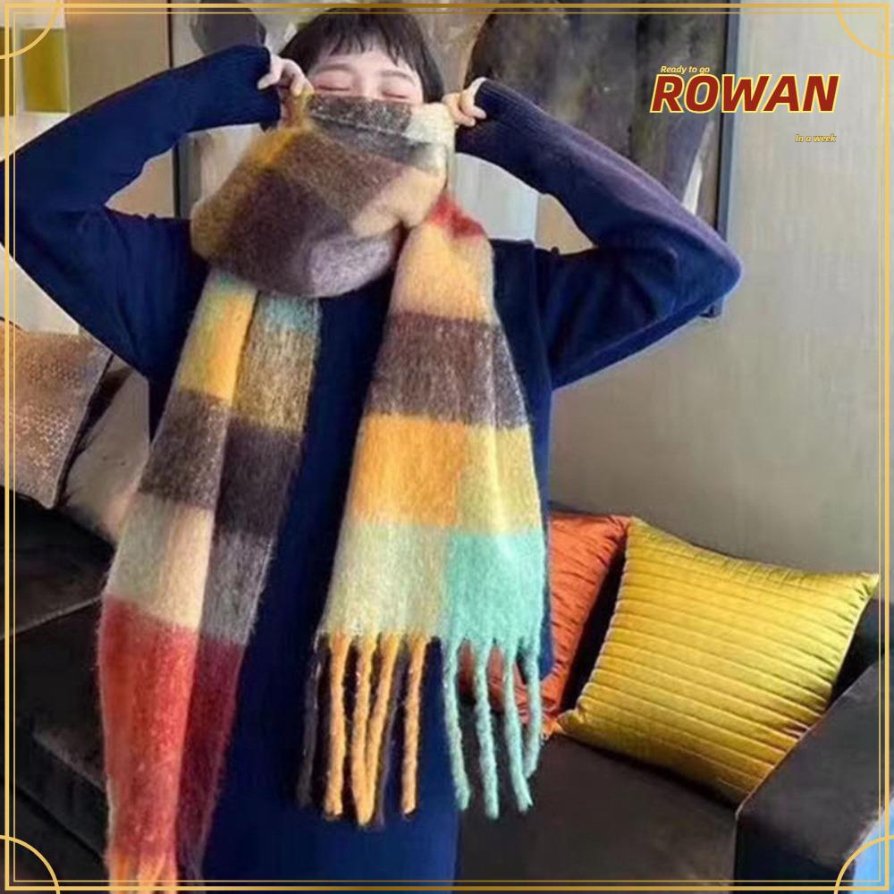 Rowans ผ้าพันคอ ผ้าคลุมไหล่ ผ้าแคชเมียร์ แบบหนา ลายสก๊อต ประดับพู่ยาว สีรุ้ง ให้ความอบอุ่น สไตล์เกาหลี เหมาะกับฤดูหนาว สําหรับผู้หญิง