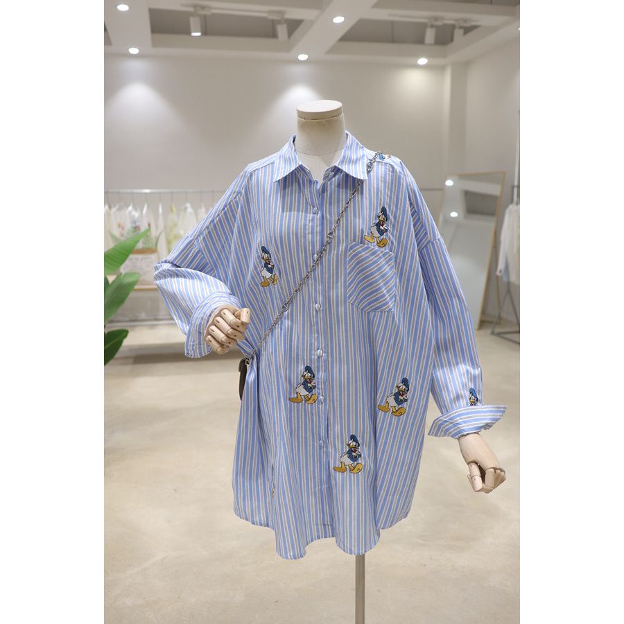 เสื้อเชิ้ตแขนยาว ลายทาง ทรงหลวม ความยาวปานกลาง สําหรับผู้หญิง
