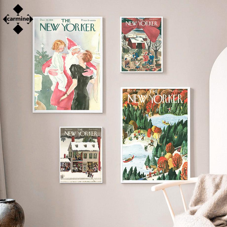 โปสเตอร์ผ้าใบ พิมพ์ลายนิตยสาร New Yorker Christmas สไตล์วินเทจ สําหรับตกแต่งบ้าน