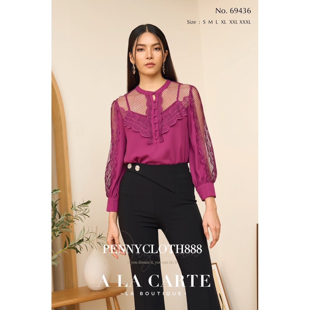 69436 เสื้อ A la carte ชีฟองสีพื้น แต่งผ้าลูกไม้ช่วงอก และแขน มีซับใน by PENNY CLOTH 888