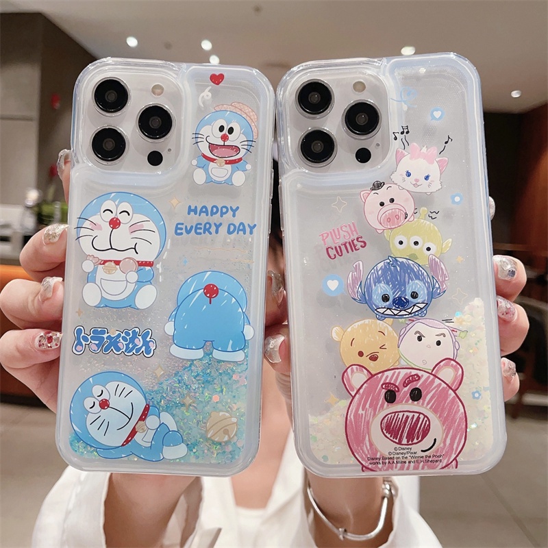 เคสโทรศัพท์มือถือ กันกระแทก ลายการ์ตูนโดราเอมอน หมี สตรอเบอร์รี่ แต่งกลิตเตอร์ในของเหลว สําหรับ iPhone 15 Pro Max 14 Pro Max 13 Pro Max 12 Pro Max 11 Pro Max 14 Plus 15 Plus XS Max XR SE 6 6s 7 8 Plus