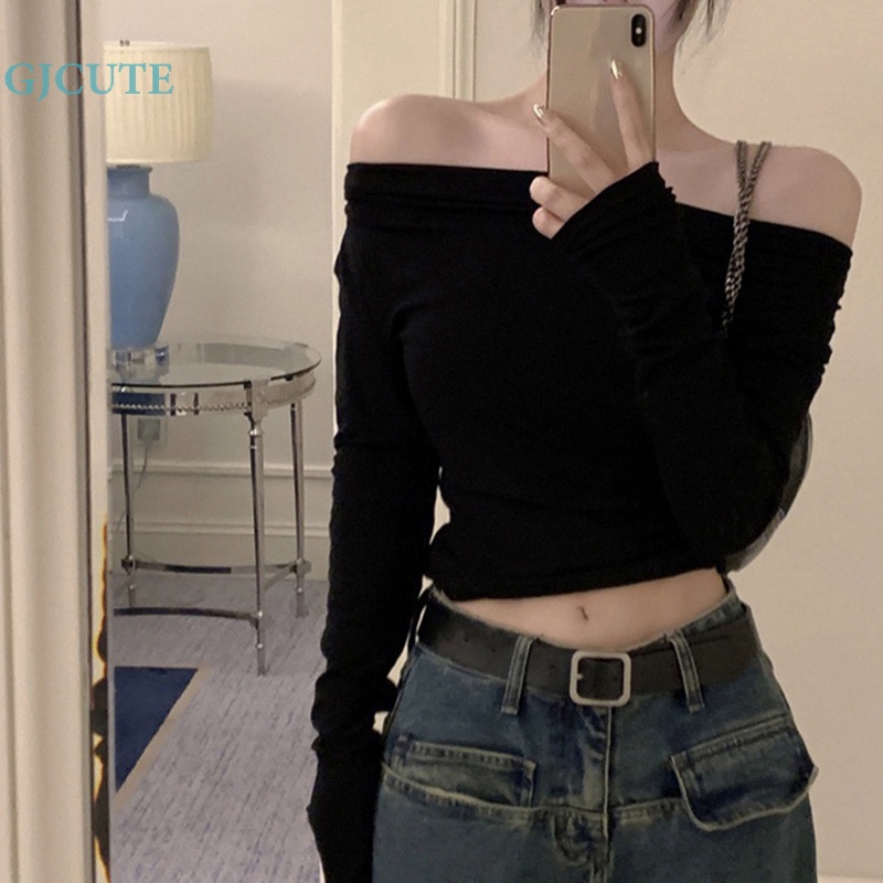 Gjcute เสื้อครอปท็อป แขนยาว เปิดไหล่ สีพื้น สุดชิค เหมาะกับฤดูใบไม้ร่วง สําหรับผู้หญิง WTD