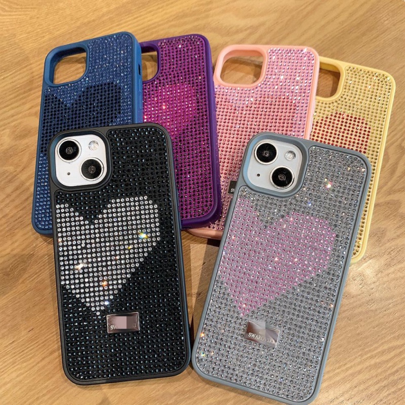 เคสโทรศัพท์มือถือ รูปหัวใจ ประดับพลอยเทียม กันกระแทก หรูหรา สําหรับ iPhone 13 14 15 Pro Max 15 Plus
