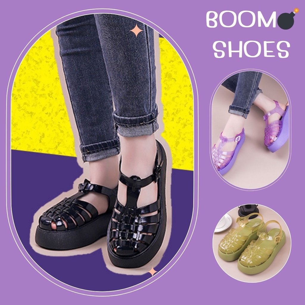 BOOM💣รองเท้าลิซ่า รุ่นเสริมส้น รัดข้อปรับระดับได้ ยางเจลลี่สีใส 5 สี  (172)