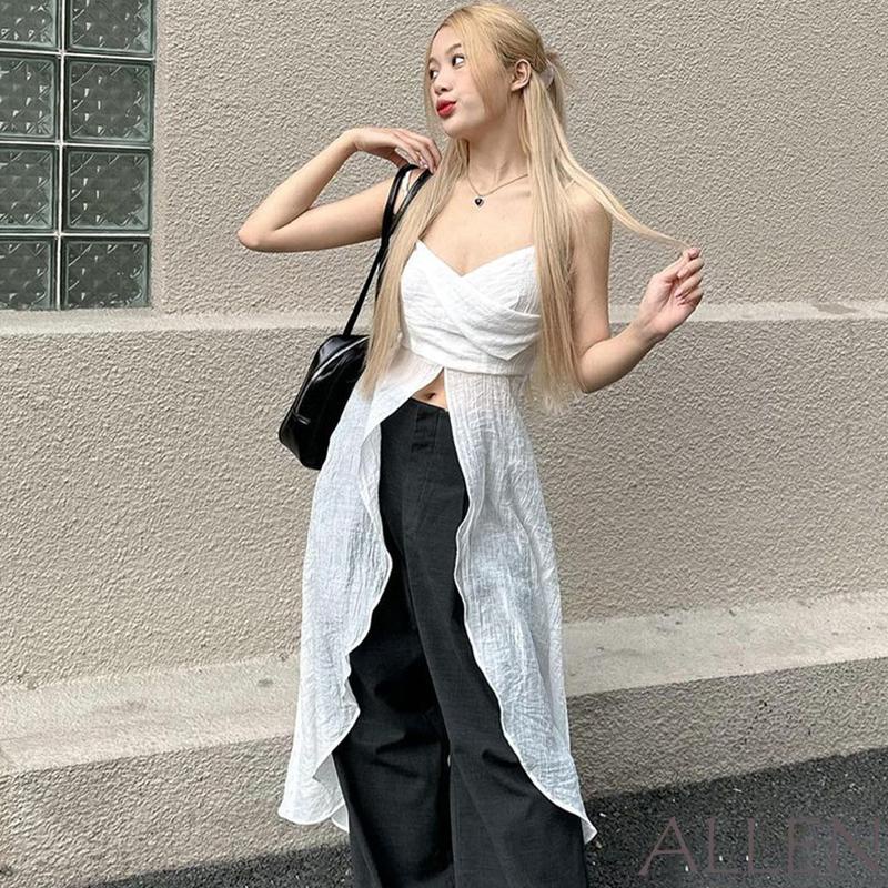 Allen-women Camisole Spaghetti Straps คอวี Patchwork Slit Summer