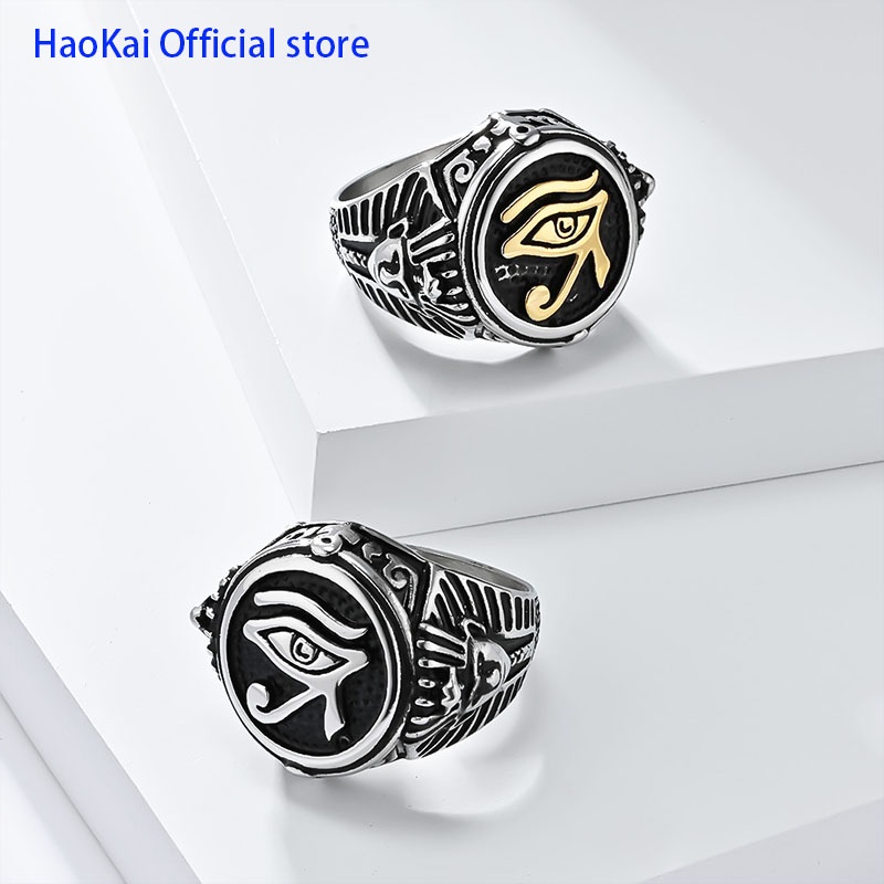 Haokai Retro อียิปต์ฟาโรห์ Horus Eye แหวนเหล็กไทเทเนียมชายและหญิงบุคลิกภาพ Totem แหวนเครื่องประดับ