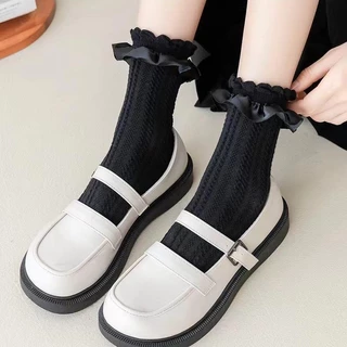🌈พร้อมส่งจากไทย🧦ถุงเท้าผู้หญิง jk ถุงเท้าลูกไม้สีขาว ตกแต่งโบว์ สไตล์โลลิต้าญี่ปุ่น