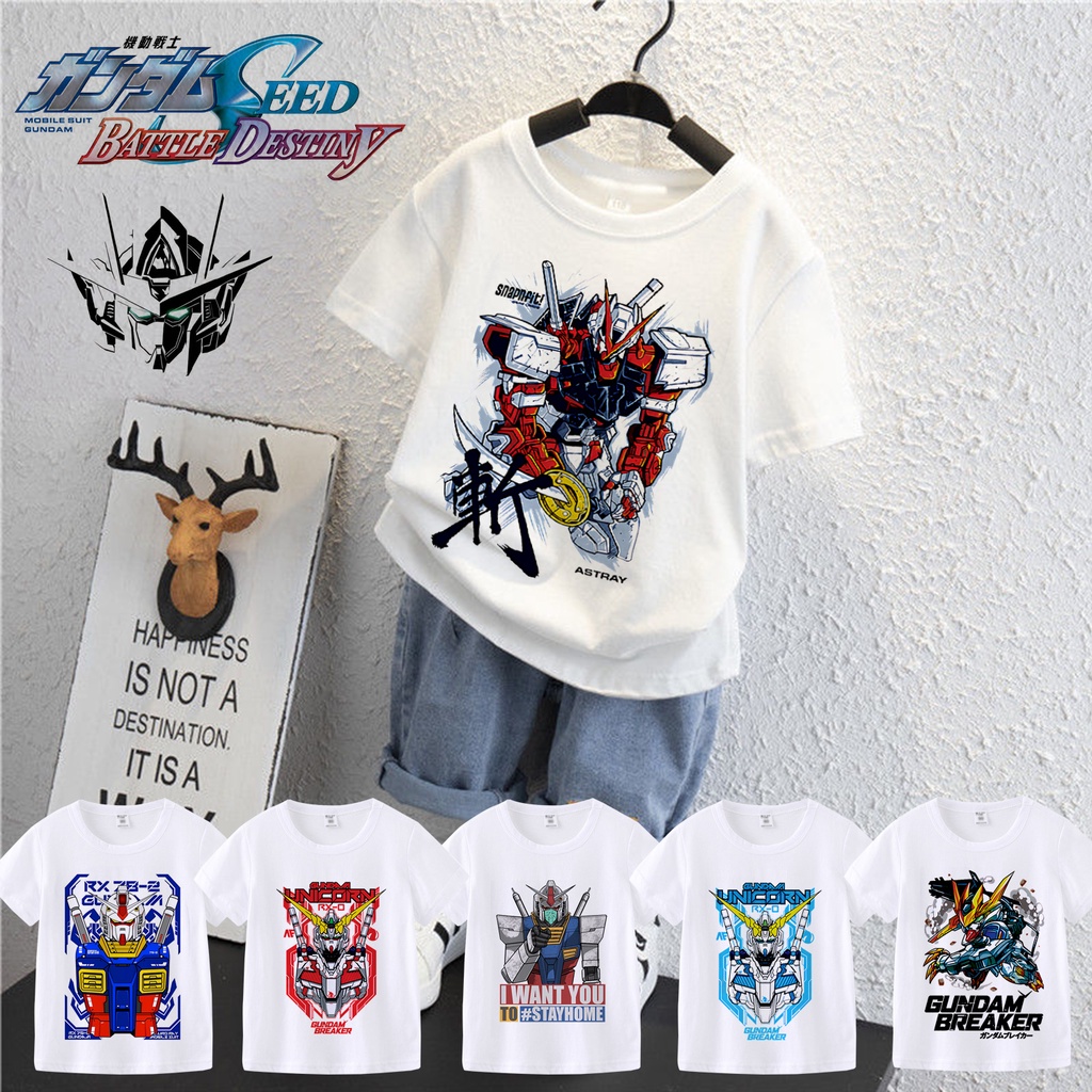 พร้อมส่ง เสื้อยืดแขนสั้น ผ้าฝ้าย ลายกันดั้ม สไตล์ญี่ปุ่น สําหรับเด็กนักเรียน อายุ 1-9 ปี