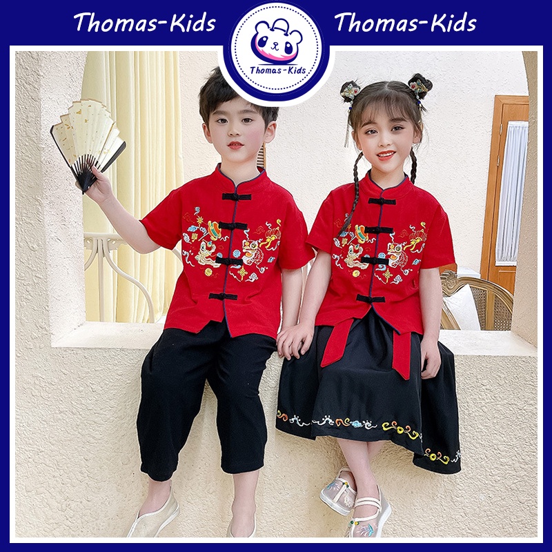 [THOMAS Kids] ชุดปักลายสิงโตตรุษจีน | เสื้อยืดแขนสั้น พิมพ์ลายสิงโต สีแดง สําหรับเด็กผู้ชาย และเด็กผู้หญิง