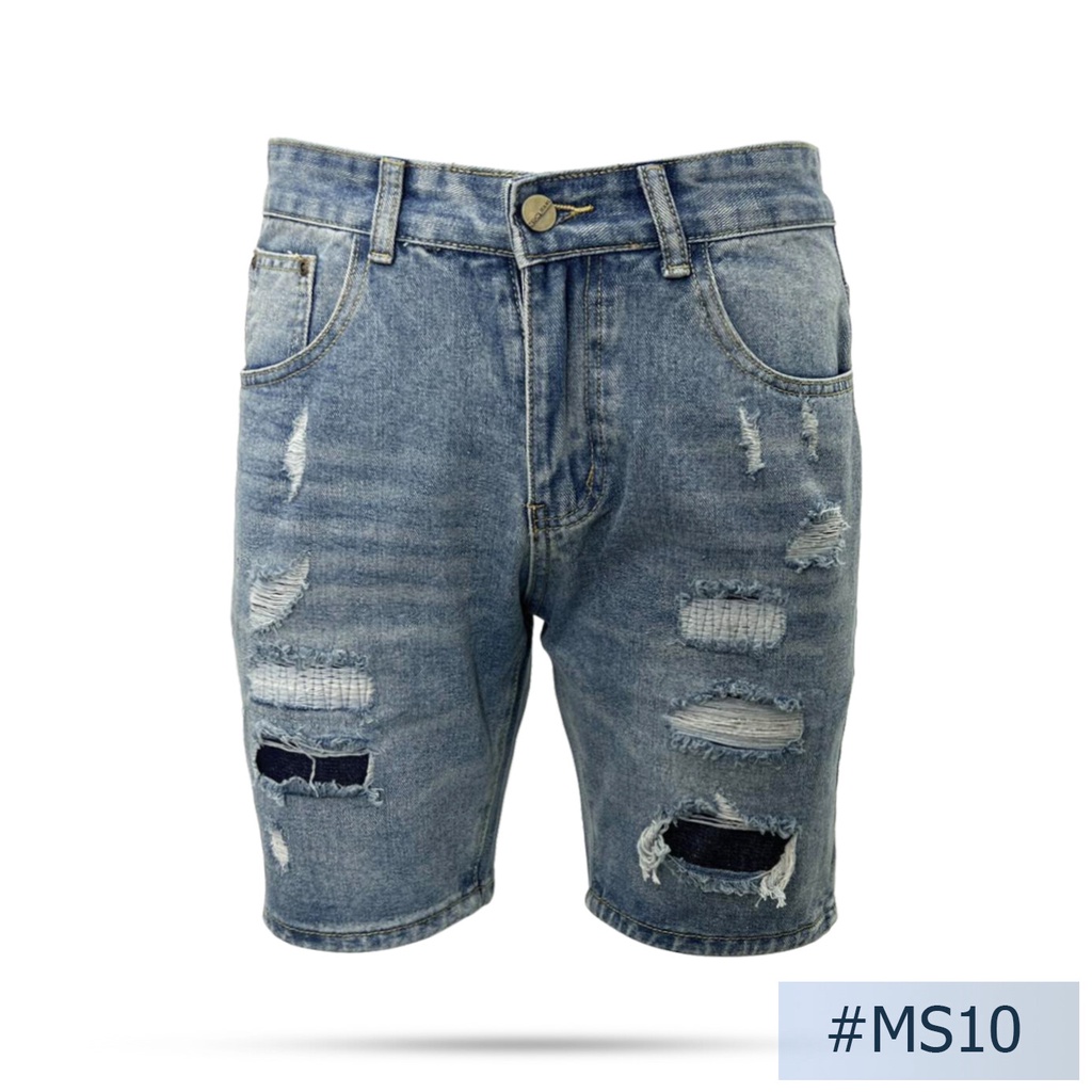 นิยมยีนส์ Niyom jeans รุ่น MS10 กางเกงยีนส์ขาสั้นชาย สียีนส์ฟอกแต่งเฟด ผ้าไม่ยืด แต่งขาดสะกิด 2 ข้าง