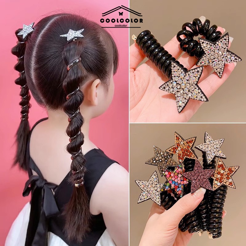 ในไทยดาวโทรศัพท์สายผมเชือกหลากสีเพชรห้าแฉกหยิกยางรัดผมสำหรับสาว ๆ