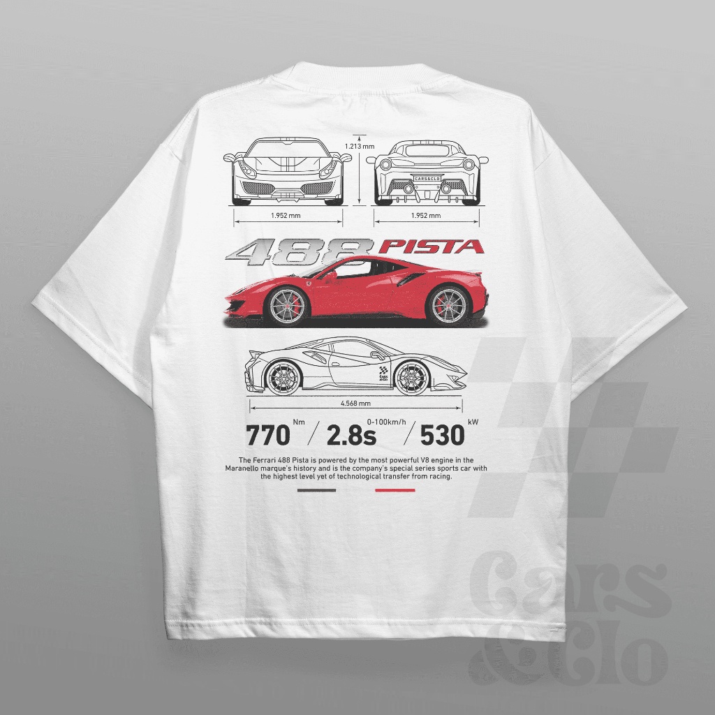 เสื้อยืด พิมพ์ลายรถยนต์และ Clo - Regular Fit White - Ferrari 488 Pista Blueprint