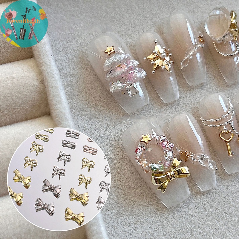 Renbg โบว์คริสตัล พลอยเทียม 3D สีทอง แวววาว สําหรับตกแต่งเล็บ 10 ชิ้น