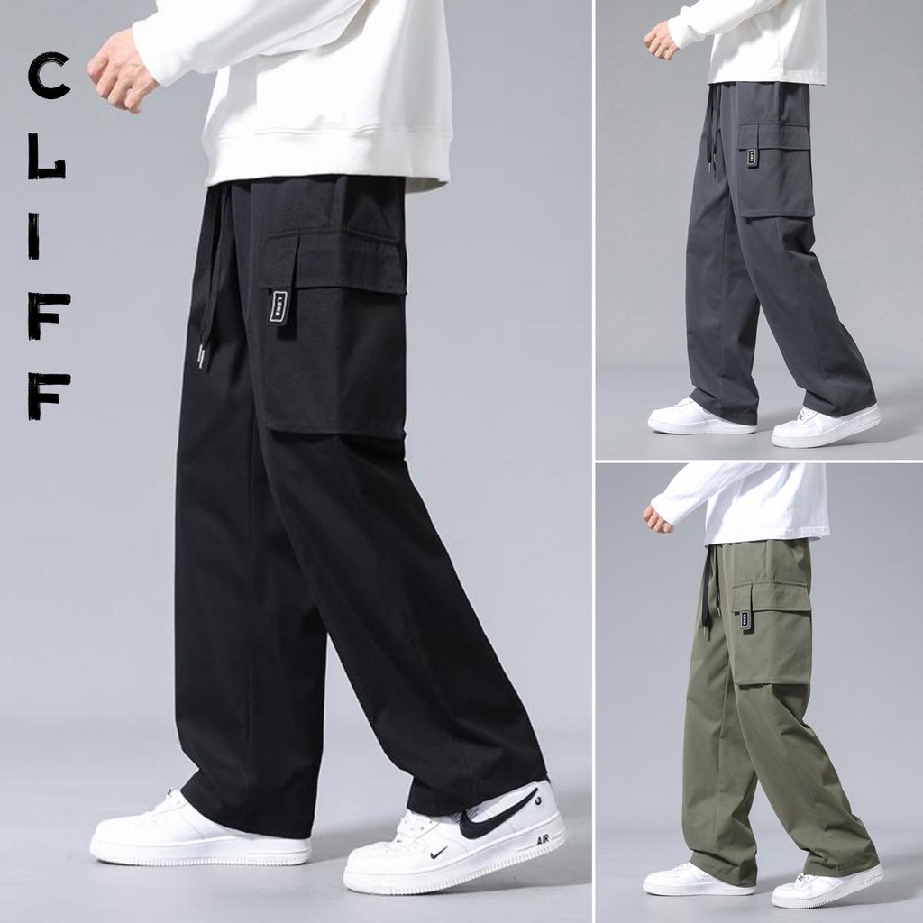 CLIFF กางเกงทำงาน ผู้ชาย รุ่นทรงกระบอกตรง กระเป๋าด้านข้าง การออกแบบฉลาก ทันสมัย หลวม Casual Plain Black