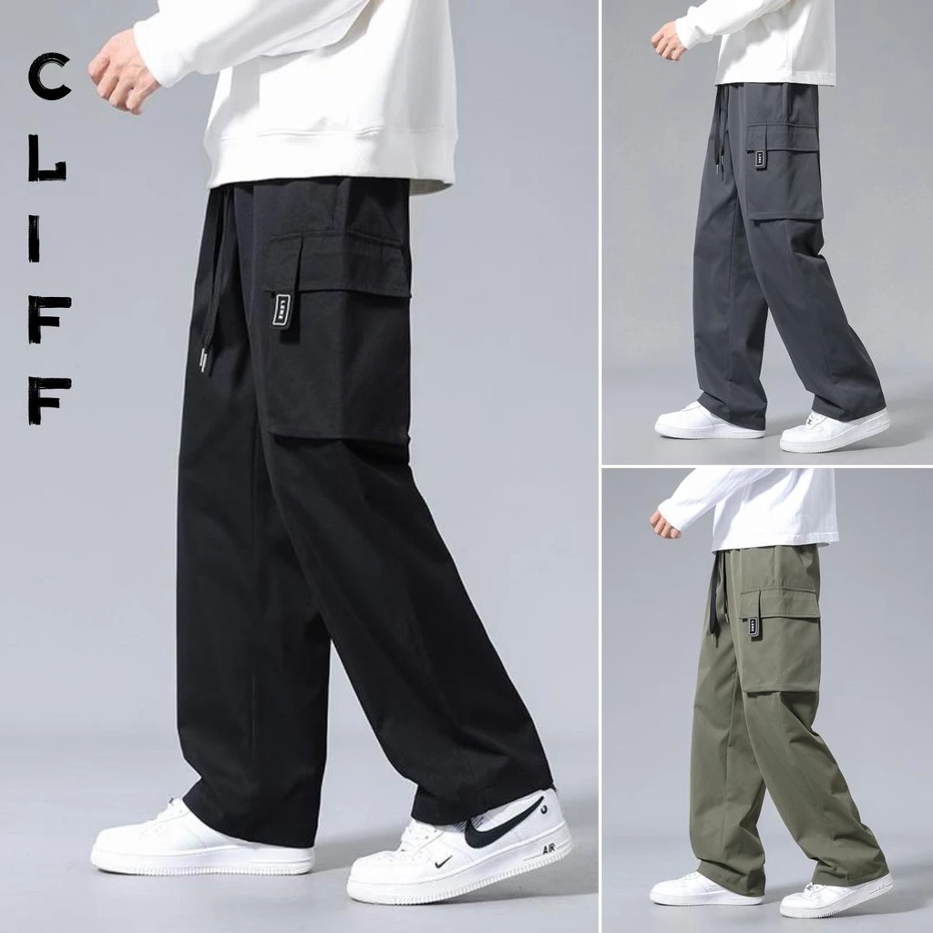 CLIFF กางเกงทำงาน ผู้ชาย รุ่นทรงกระบอกตรง กระเป๋าด้านข้าง การออกแบบฉลาก ทันสมัย หลวม Casual Plain Black