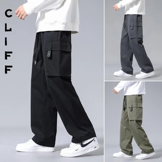 CLIFF กางเกงทำงาน ผู้ชาย รุ่นทรงกระบอกตรง กระเป๋าด้านข้าง การออกแบบฉลาก ทันสมัย หลวม Casual Plain Black