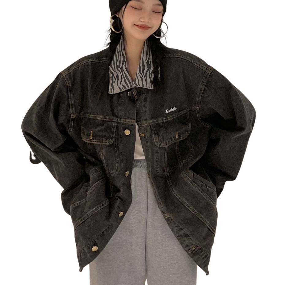 FASHION.61 เสื้อเเจ็คเก็ตยีนส์โอเวอร์ไซค์ผู้หญิงคอปกพิมพ์ลาย รุ่น W8740
