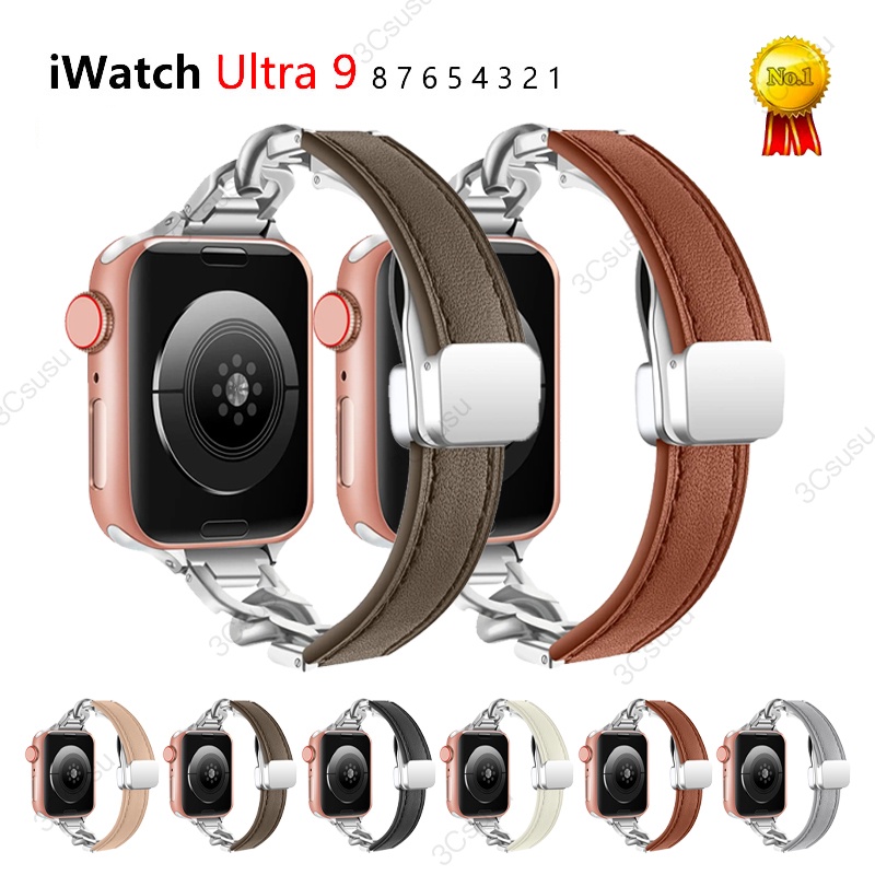 สายนาฬิกาข้อมือ สายหนัง แม่เหล็ก หรูหรา สําหรับ Apple Watch 9 8 7 6 5 4 3 2 1 iWatch Smart Watch Ultra2