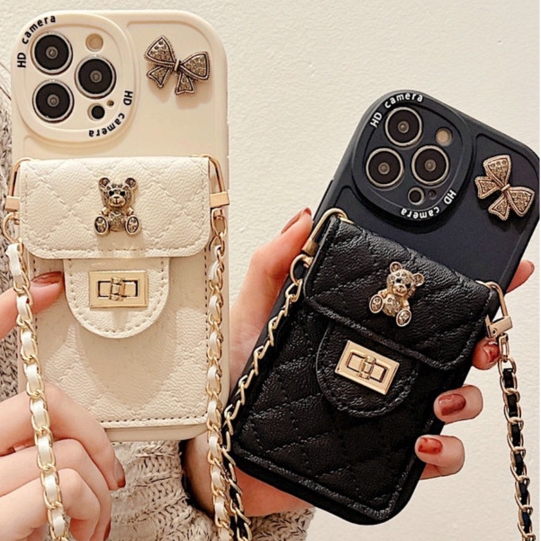 เคสโทรศัพท์มือถือ ลายการ์ตูนหมี ผีเสื้อ พร้อมกระเป๋าสตางค์ สะพายข้าง สําหรับ IPhone 15Promax 15 14 13 12 11 Pro XS Max 7 8plus