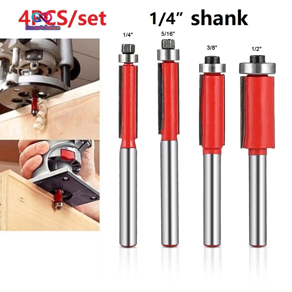 ⚡ทางเลือกอัจฉริยะ⚡4pc 1/4 นิ้ว Shank Flush Trim Router Bit สําหรับไม้ทังสเตนคาร์ไบด์ Milling Cutter คลังสินค้าพร้อม