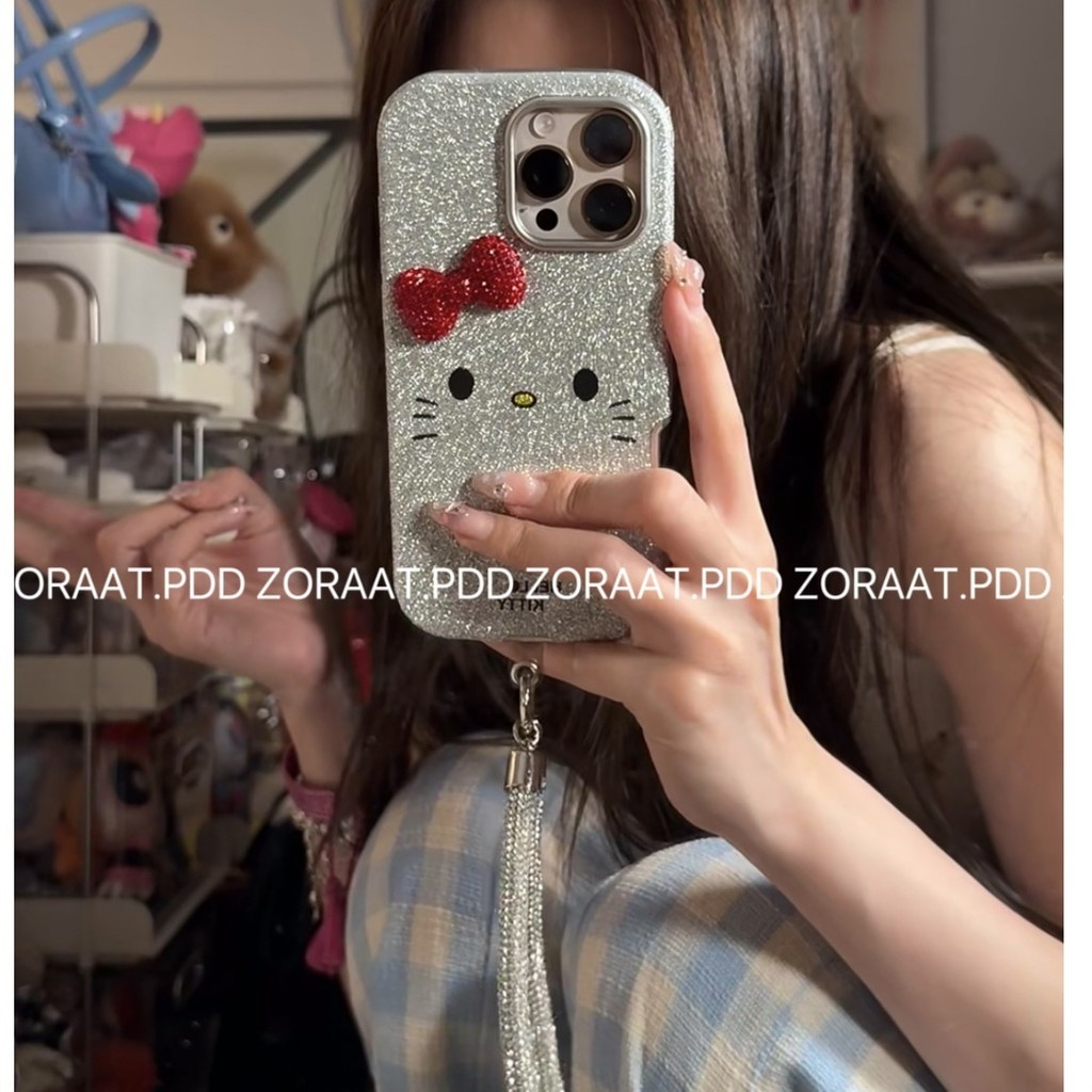 Creative Glitter สามมิติโบว์ KT Cat iPhone16promax เคสโทรศัพท์ Apple 15 สไตล์ใหม่ 14 รวมทุกอย่าง 13