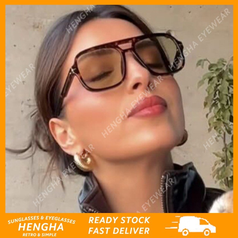 (HENGHA) เสือดาวพิมพ์สแควร์ข้าวเล็บแว่นตากันแดด Western Retro Double Beam แว่นตากันแดดป้องกันรังสียูวี