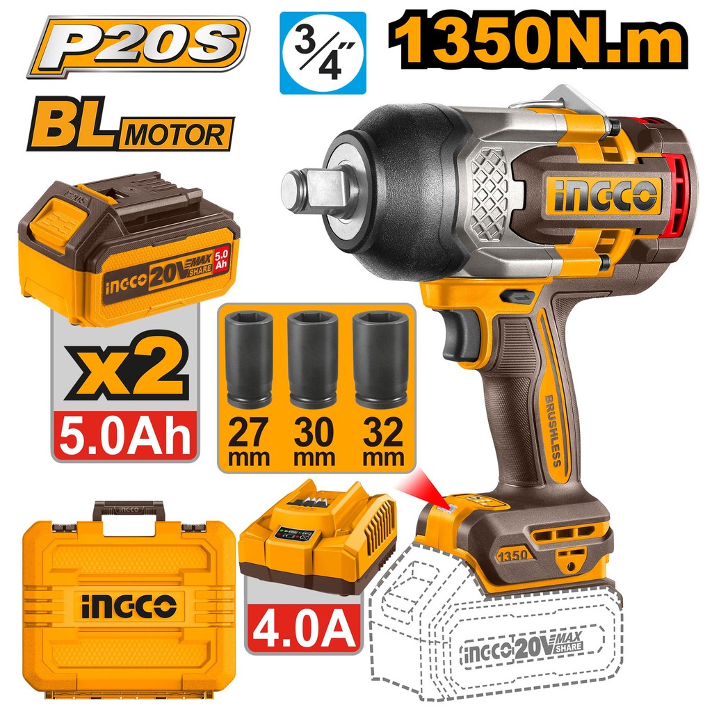 INGCO บล็อคกระแทกไร้สาย 3/4นิ้ว(ฺBL-Motor) 1350Nm รุ่น CIWLI20135 พร้อมแบตเตอรี่ 5 Ah. พร้อมแท่นชาร์จเร็ว (กล่องพลาสติก)