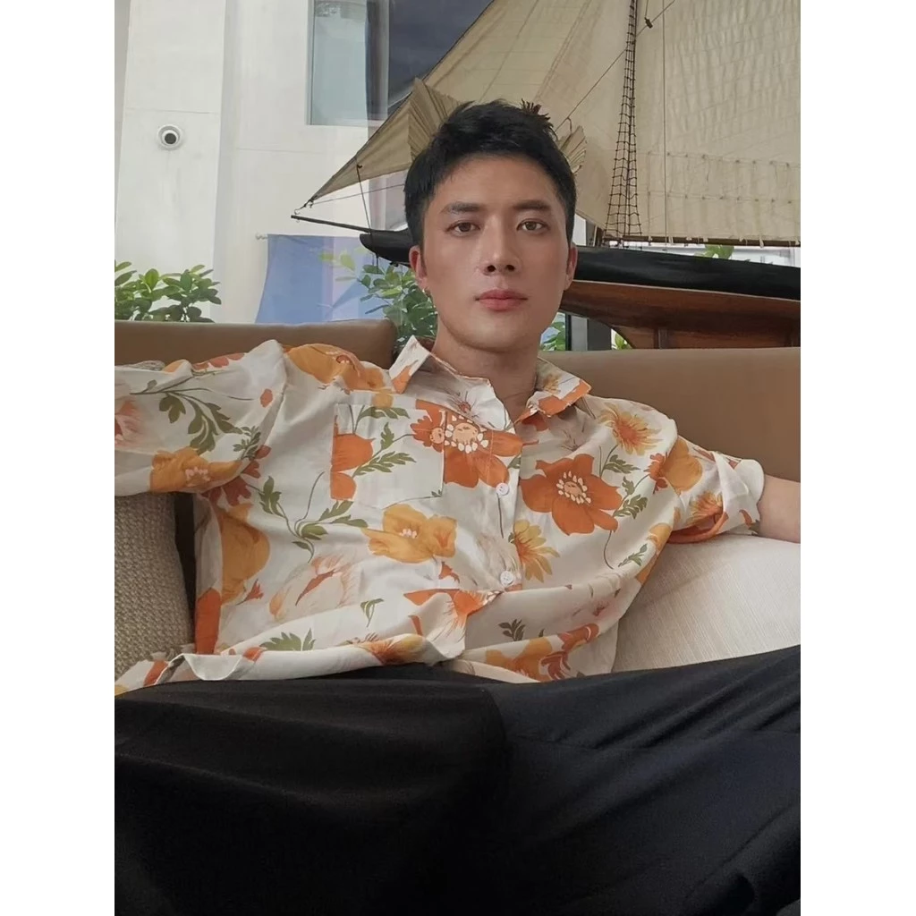 เสื้อสงกรานต์ผู้ชาย ฮาวาย แขนสั้น ผ้าไหมอิตาลี ลายดอก #3009 thumbnail 6
