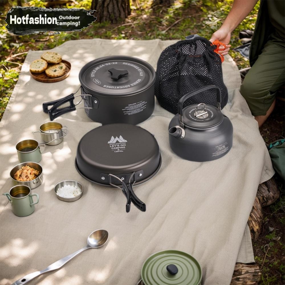 WELLHIKE เป็น 3ชิ้น/เซ็ตชุดเครื่องครัวตั้งแคมป์พร้อมกาต้มน้ําบนโต๊ะอาหารหม้อกระทะชุดอลูมิเนียมอัลลอยด์น้ําหนักเบาชุดเครื่องครัวสําหรับเดินป่าปิ