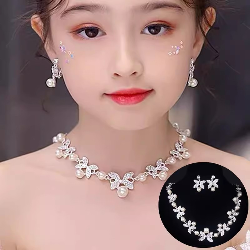 ต่างหูไข่มุกสำหรับเด็กผู้หญิง สร้อยคอประดับเพชร อุปกรณ์เสริมชุดการแสดงเจ้าหญิง สร้อยคอสำหรับเด็ก