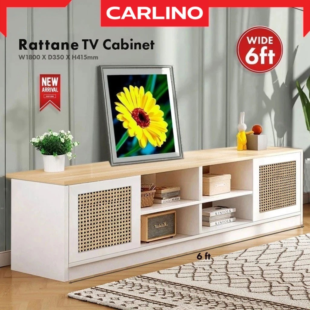 สินค้ามาใหม่🔥 CARLINO: ชั้นวางทีวี ตู้ทีวี สไตล์ Minimal เรียบหรู เหมาะสำหรับห้องนั่งเล่น Rattan TV Cabinet