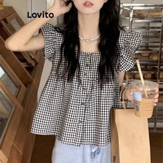 Lovito เสื้อกล้ามลําลอง แต่งระบาย ลาย ผ้าฝ้ายลายตาราง สําหรับผู้หญิง LNE21203 (หลายสี)