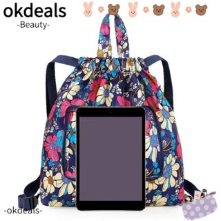 Okdeals กระเป๋าเป้สะพายหลัง ผ้าไนล่อน แบบผูกเชือก พิมพ์ลาย กันน้ํา พับได้ เรียบง่าย สําหรับเดินทาง