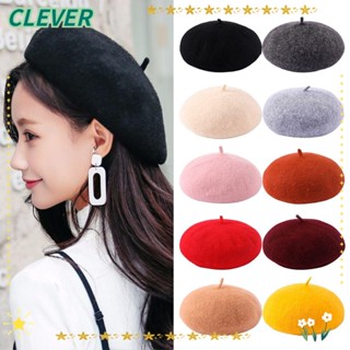 Clever หมวกเบเร่ต์ ผ้าวูล แบบหนา สีพื้น ให้ความอบอุ่น 10 สี แฟชั่นฤดูใบไม้ร่วง และฤดูหนาว