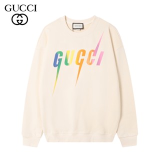 [ใหม่] Gucci เสื้อกันหนาว ผ้าฝ้ายนิ่ม 100% พิมพ์ลายโลโก้สายฟ้า ไล่โทนสี เรียบง่าย โอเวอร์ไซซ์ สําหรับผู้ชาย