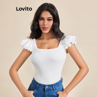 Lovito เสื้อยืด คอสี่เหลี่ยม แบบเรียบ หรูหรา สําหรับผู้หญิง LBE03010 (สีขาว)