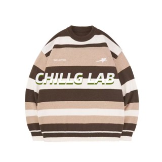 CHILLG LAB เสื้อกันหนาวลําลอง คอกลม ปักลาย ลายทาง สีตัดกัน แฟชั่นฤดูใบไม้ผลิ และฤดูใบไม้ร่วง สไตล์อเมริกัน สําหรับผู้ชาย