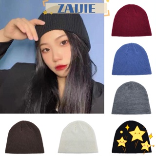 Zaijie24 หมวกบีนนี่ ผ้าขนสัตว์ถัก สีพื้น แฟชั่นฤดูหนาว สําหรับผู้หญิง