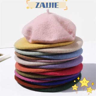 Zaijie24 หมวกเบเร่ต์ ผ้าวูล สีพื้น หมวกบีนนี่ ฤดูหนาว อบอุ่น หมวกแบน